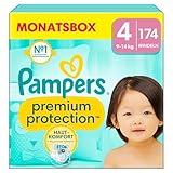 Pampers Baby Windeln Größe 4, Premium Protection, Windeln x174, 9kg-14kg, Doppelter Schutz für Hautkomfort & gegen Auslaufen